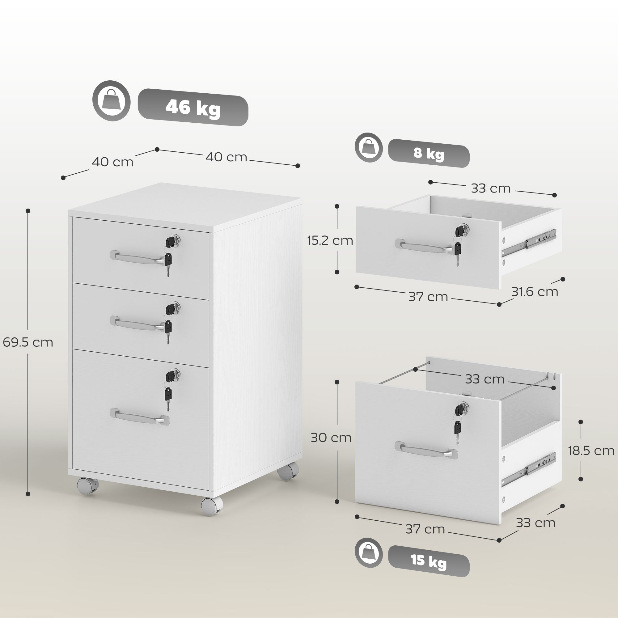 HOMCOM Three Drawer Wood-Effect Filing Cabinet - White 
