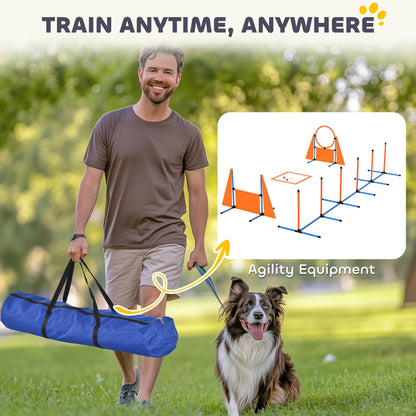 PawHut 6 Pieces Dog Agility Equipment Set with Weave Poles, Jump Ring and Hurdle, Pause Box and Carry Bag, Orange 