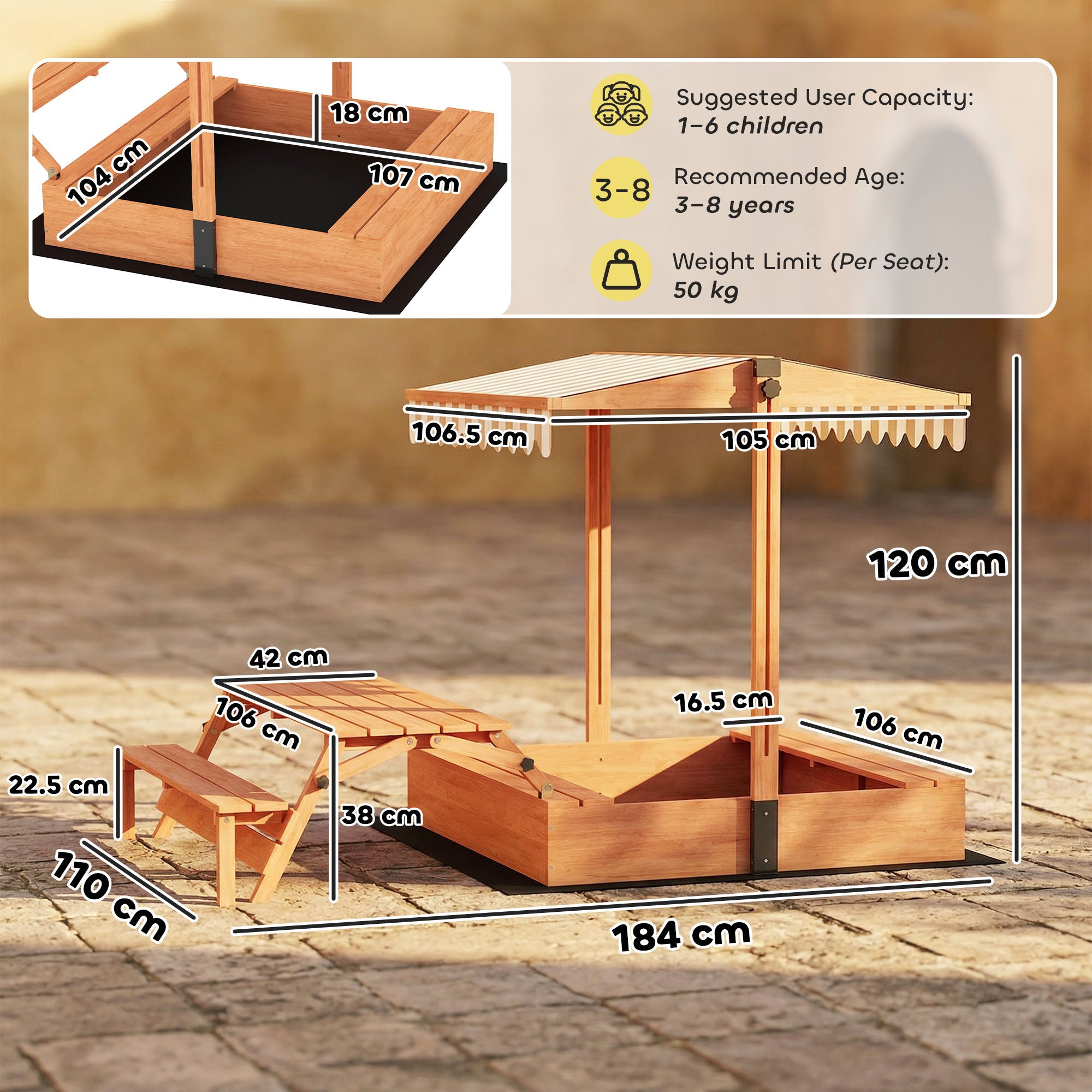 AIYAPLAY Kids Sand Pit with Lid, Wooden Sandpit with Canopy, Foldable Picnic Table, Bench Seats, Bottom Liner for Patio Garden 