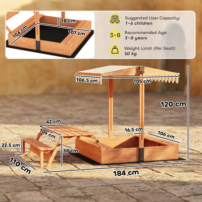 AIYAPLAY Kids Sand Pit with Lid, Wooden Sandpit with Canopy, Foldable Picnic Table, Bench Seats, Bottom Liner for Patio Garden 