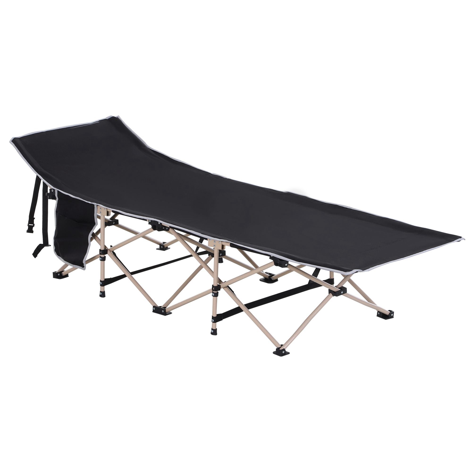 Outsunny Single Person Camping Bed Folding Cot Outdoor Patio Portable Military Sleeping Bed Travel Guest Leisure Fishing with Side Pocket and Carry Bag - Black 
