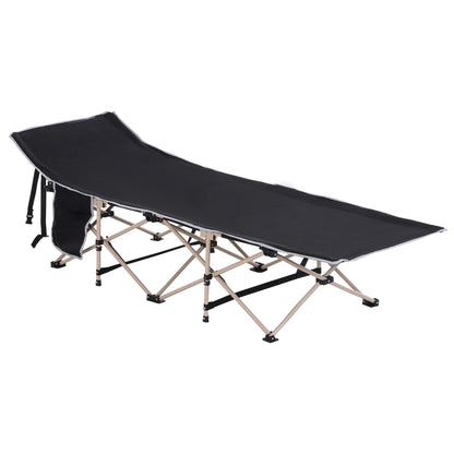 Outsunny Single Person Camping Bed Folding Cot Outdoor Patio Portable Military Sleeping Bed Travel Guest Leisure Fishing with Side Pocket and Carry Bag - Black 