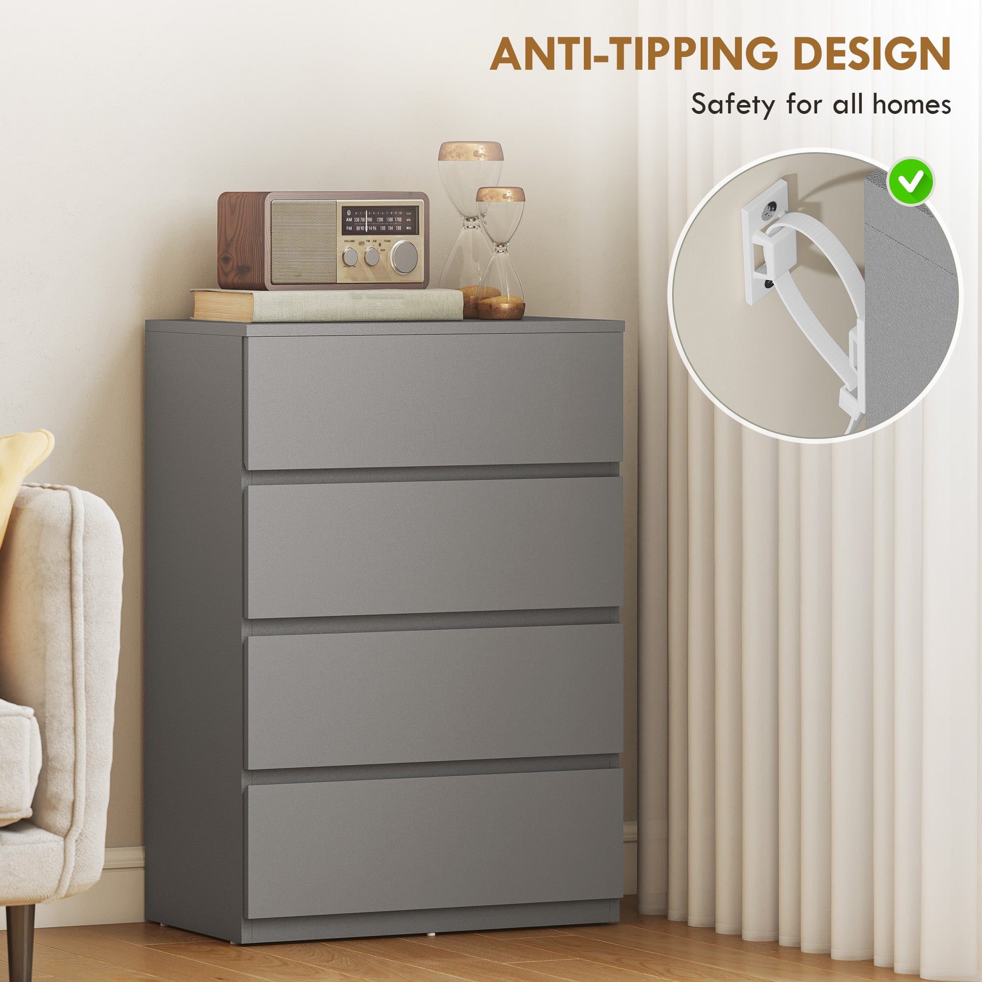 HOMCOM Chest of Drawers, 4-Drawer Storage Cabinets, Modern Dresser, Storage Drawer Unit for Bedroom 