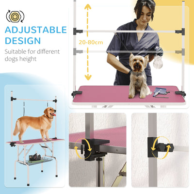 PawHut 42" Dog Grooming Table, Adjustable Pet Cat Drying Beauty Table with 2 Loops Storage Basket, Rubber Top, Pink 