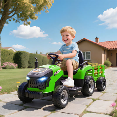 AIYAPLAY 12V Ride on Tractor and Trailer with Remote Control, Music, Shifter, Start-Up Sound, for Kids Ages 3-8 Years, Green 