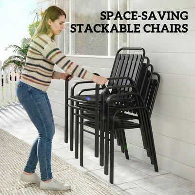 Outsunny 7 Pieces Outdoor Dining Set with Umbrella Hole, Garden Table and Chairs Set for 6 with Metal Table and Stackable Chairs 