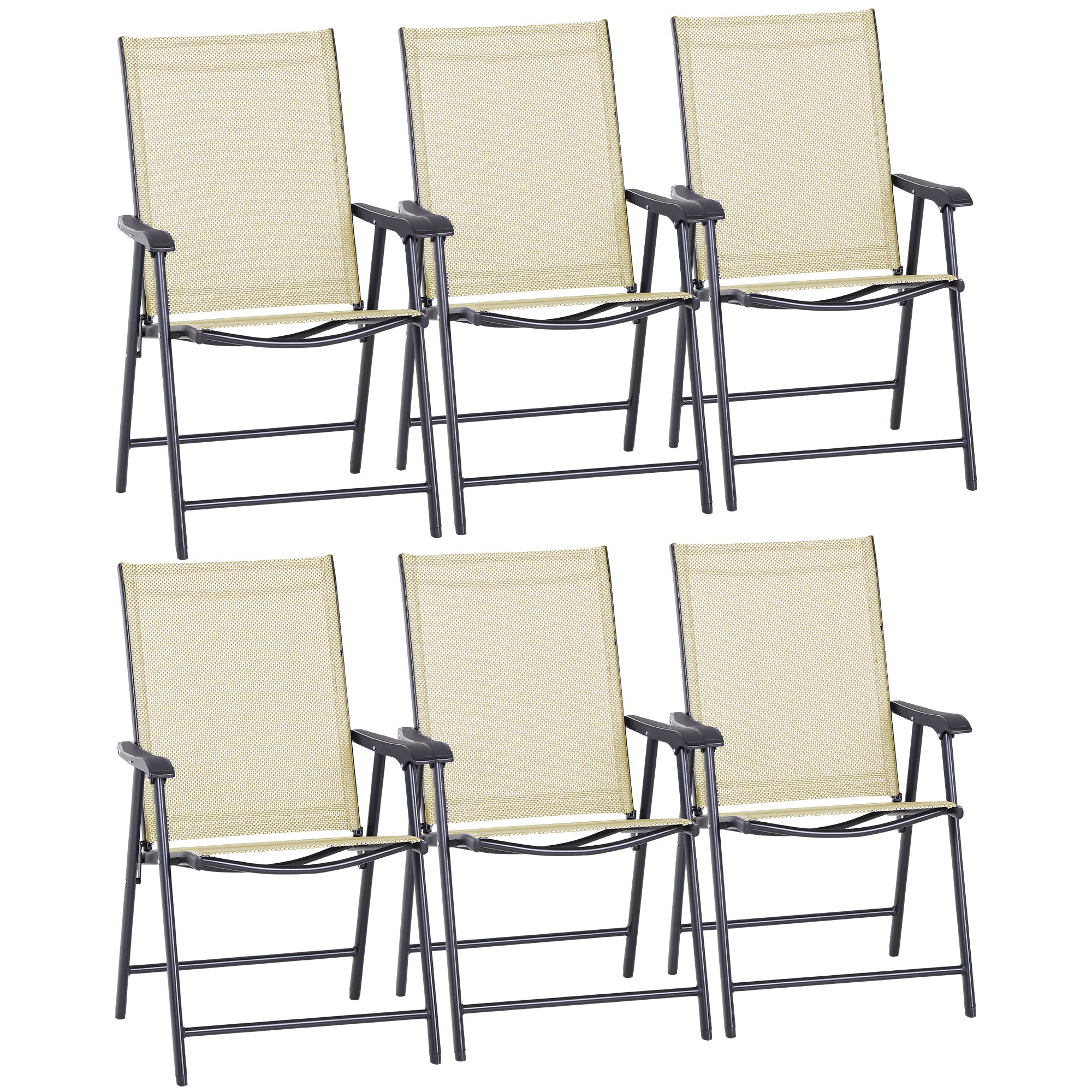 Outsunny Set of 6 Folding Garden Chairs, Metal Frame Garden Chairs Outdoor Patio Park Dining Seat with Breathable Mesh Seat, Beige