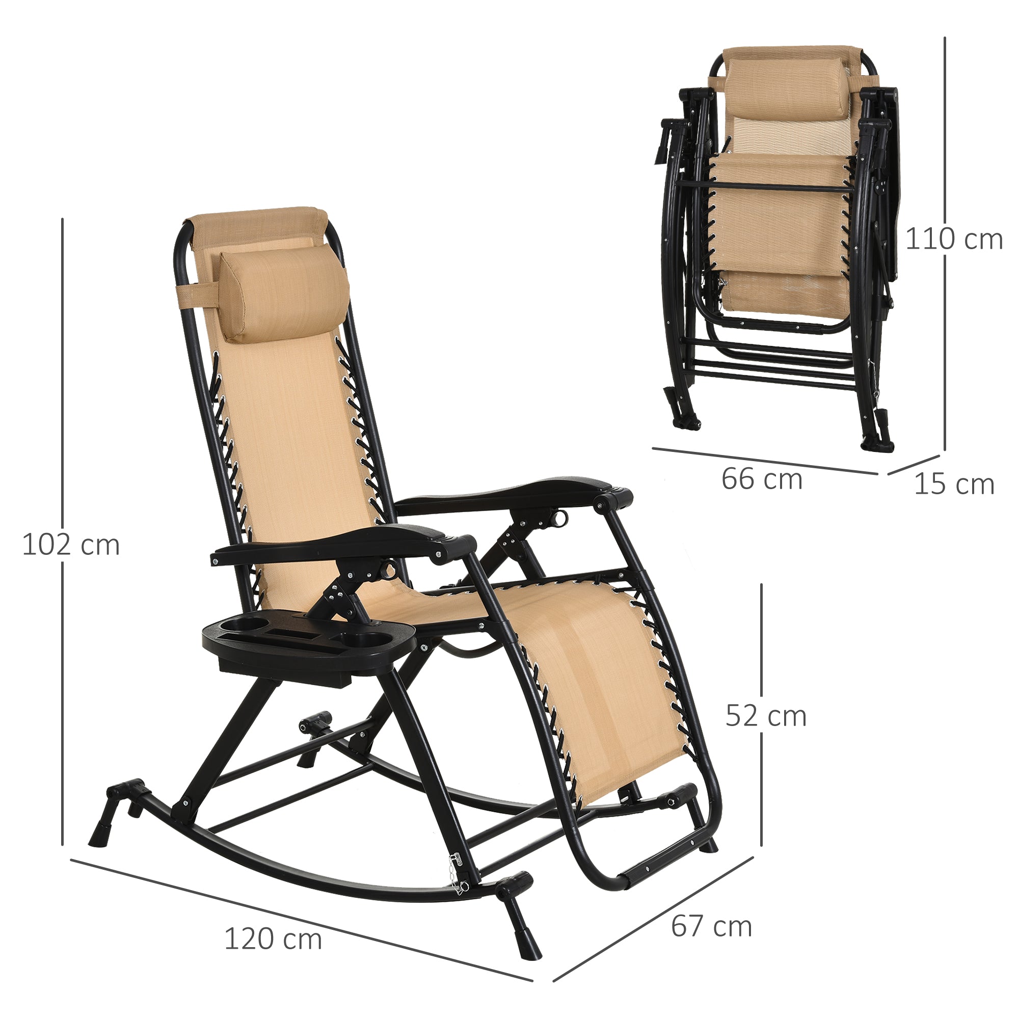 Outsunny Garden Rocking Chair Folding Recliner Outdoor Adjustable Sun Lounger Rocker Zero-Gravity Seat with Headrest Side Holder Patio Deck - Beige 