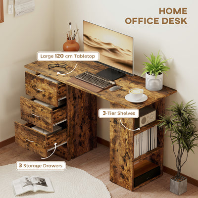 HOMCOM Computer Desk, Writing Table, PC Workstation with 3 Storage Shelves and Drawers, Silver Handle, for Home Office, Rustic Brown 