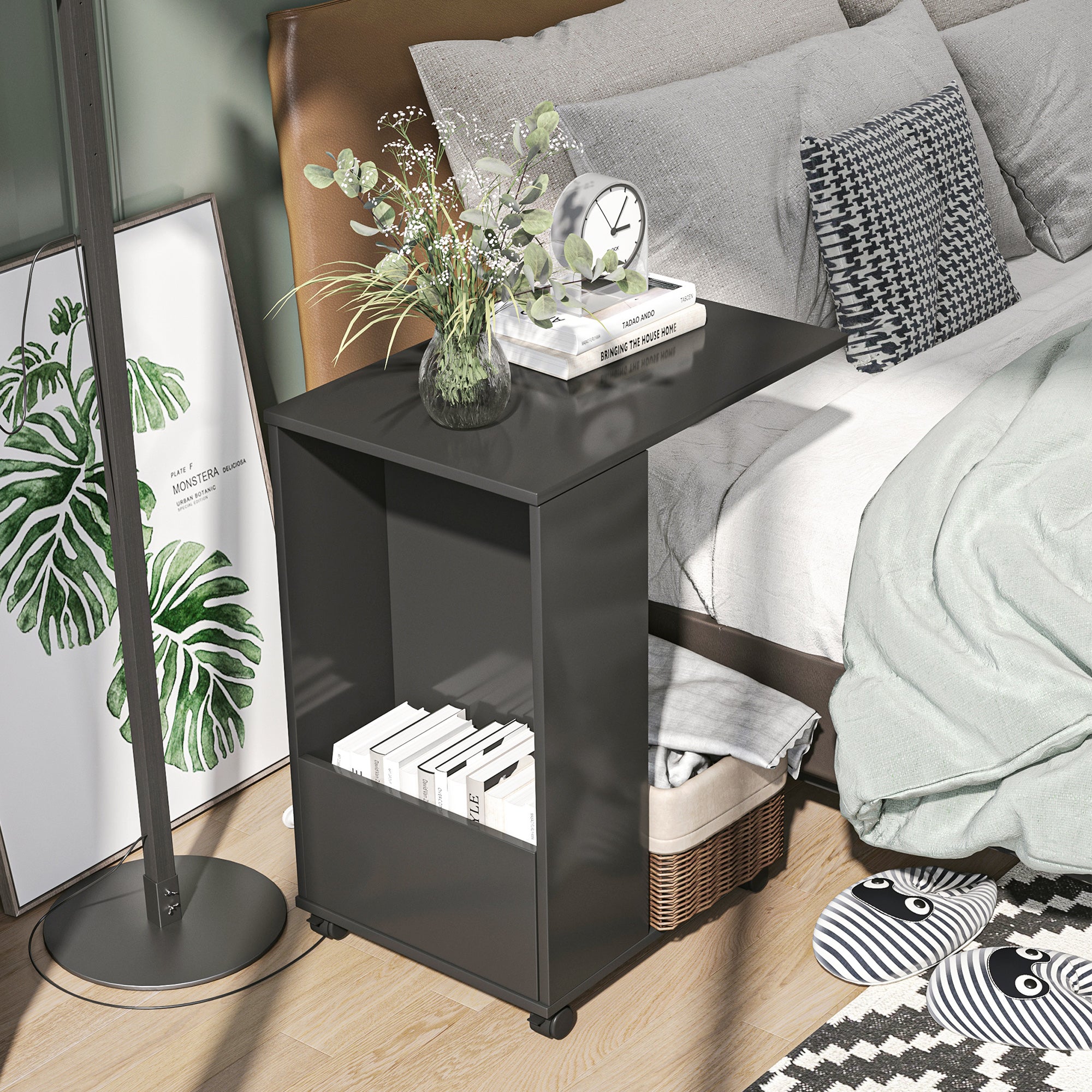 HOMCOM Mobile Sofa Side Table C-Shape End Table with Storage and Casters for Laptop Coffee Snack, Black 