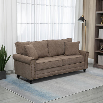 HOMCOM 3 Seater Sofas for Living Room, Fabric Sofa with Nailhead Trim, Cushions and Pillows, Brown 