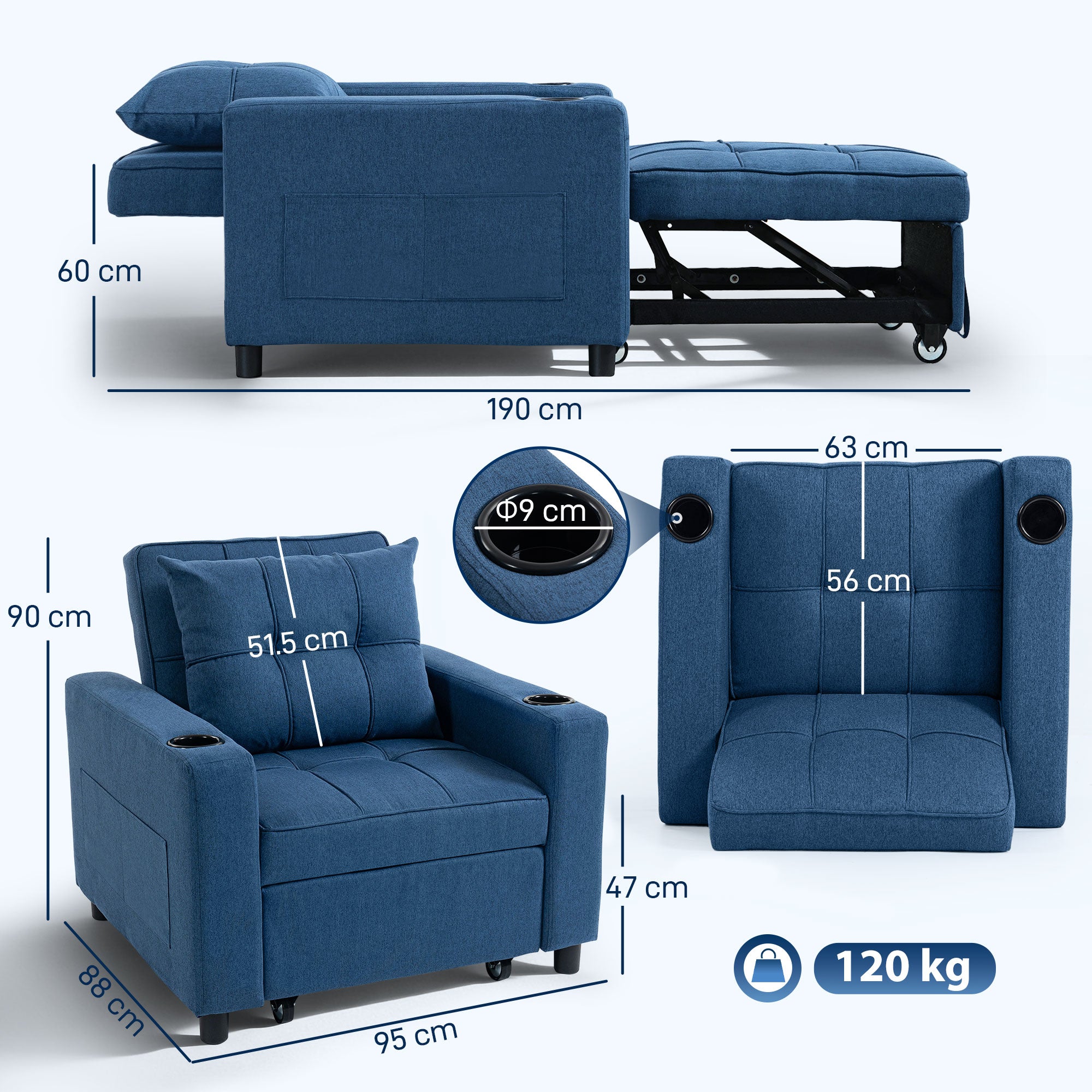 HOMCOM 3-in-1 Single Sofa Bed, Convertible Sleeper Chair Bed with 3-level Adjustable Back - Dark Blue 