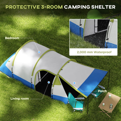 Outsunny Three Man Two-Room Tent, with Porch and Accessories - Green 