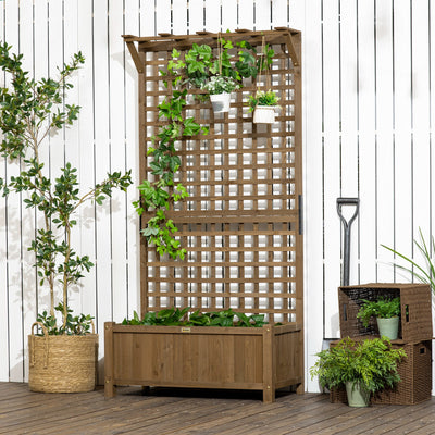 Outsunny Raised Bed with Drainage Holes, Wood Planter with Trellis for Climbing Plants to Grow Vegetables, Flowers, Brown 