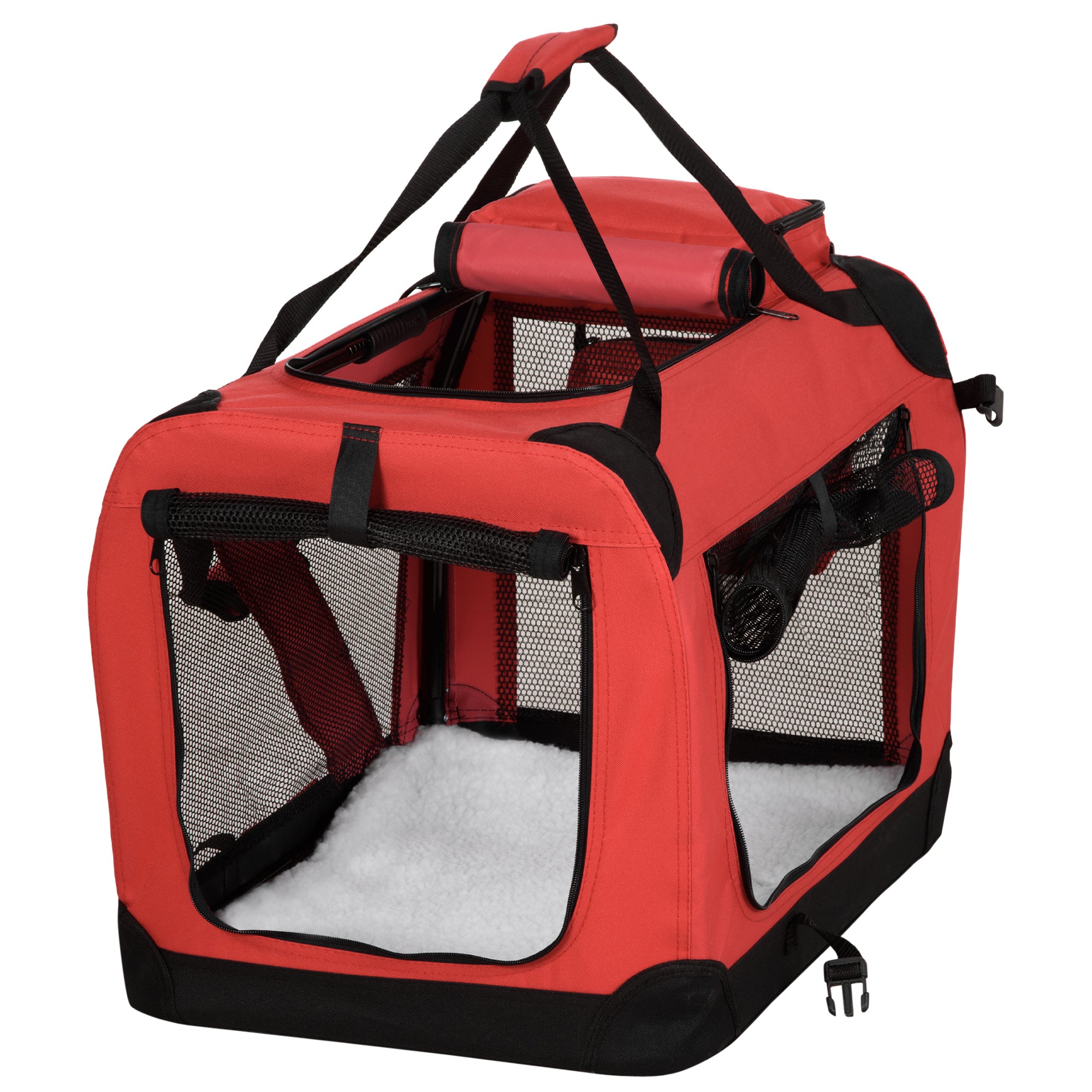 PawHut Foldable Pet Carrier for Small and Miniature Dogs, Portable Cat Carrier Soft Side Pet Travel Crate with Removable Mat, Storage Bags, Breathable Mesh Window 60 x 42 x 42cm - Red 