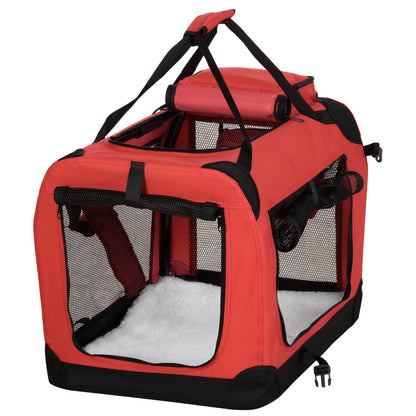 PawHut Foldable Pet Carrier for Small and Miniature Dogs, Portable Cat Carrier Soft Side Pet Travel Crate with Removable Mat, Storage Bags, Breathable Mesh Window 60 x 42 x 42cm - Red 
