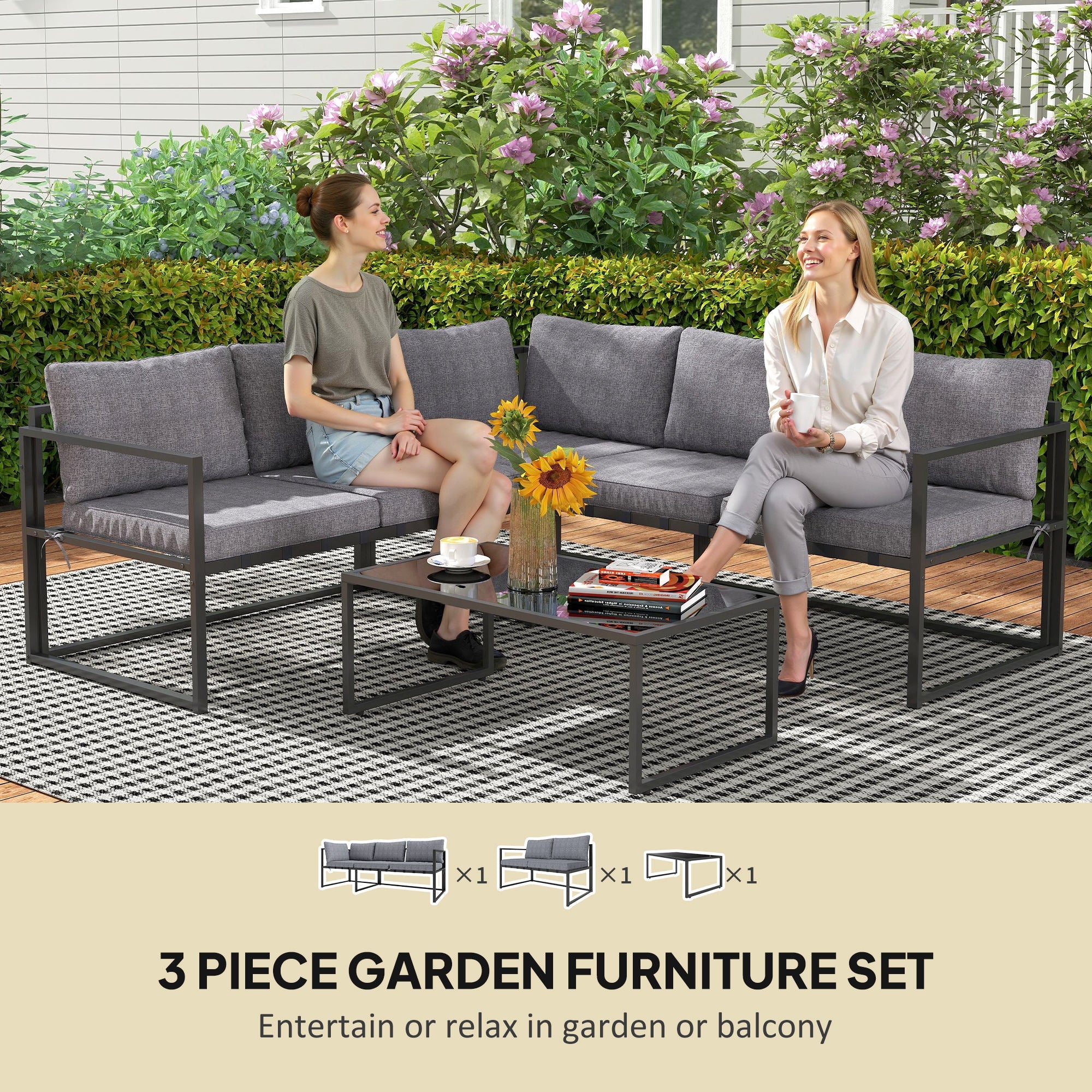 Outsunny Three-Piece L Shaped Garden Furniture Set with Cushions - Grey 