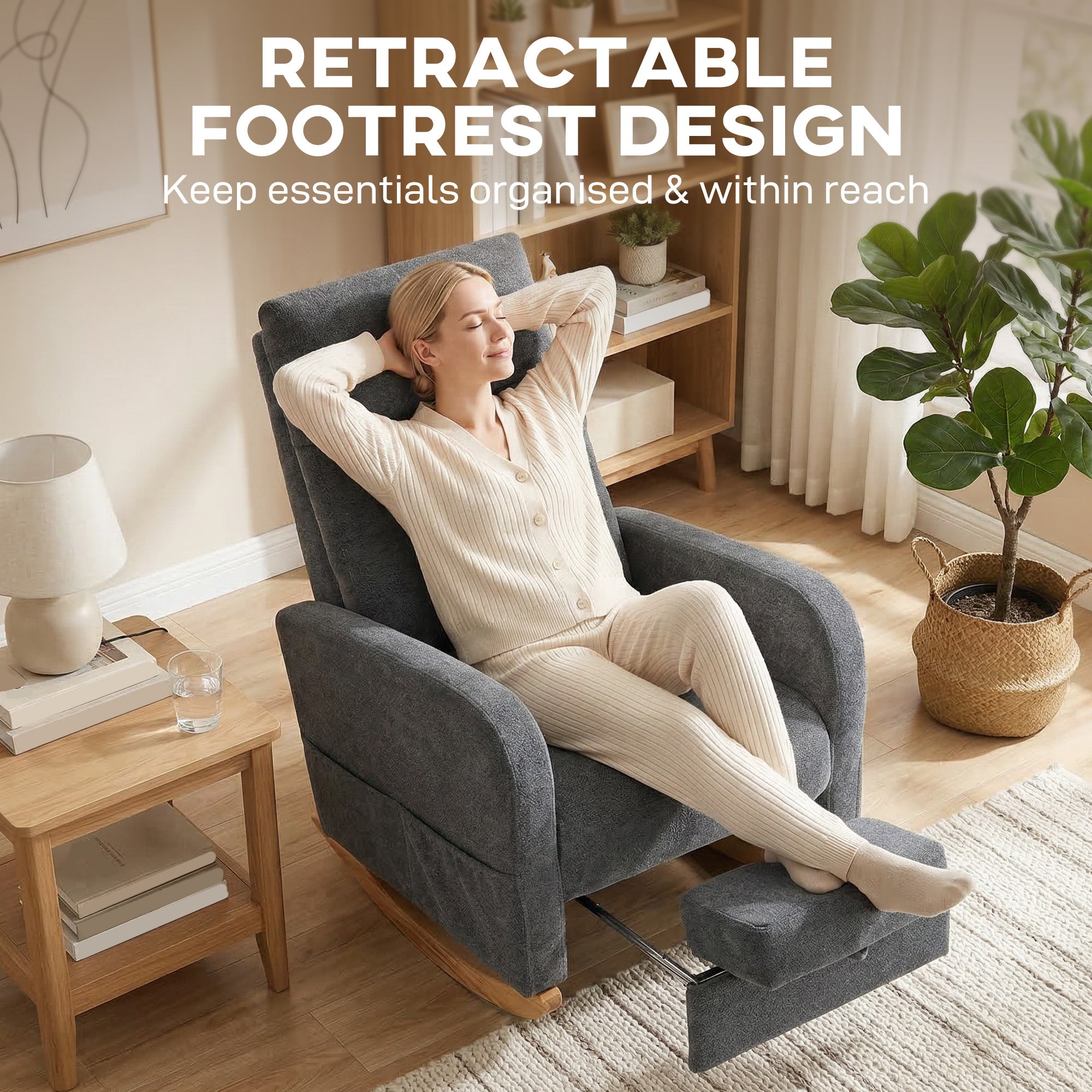 HOMCOM Upholstered Rocking Chair Retractable Footrest Rocker Chair High Back for Living Room Grey 