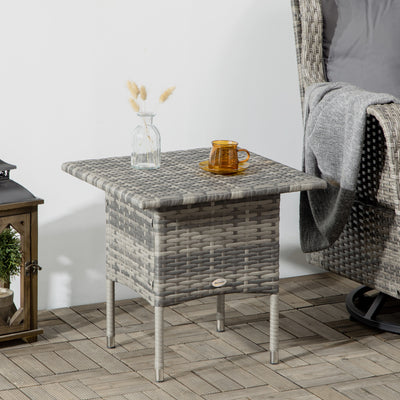 Outsunny Rattan Side Table, Outdoor Coffee Table with Plastic Board Under the Full Woven Table Top for Patio, Garden, Balcony, Mixed Grey 