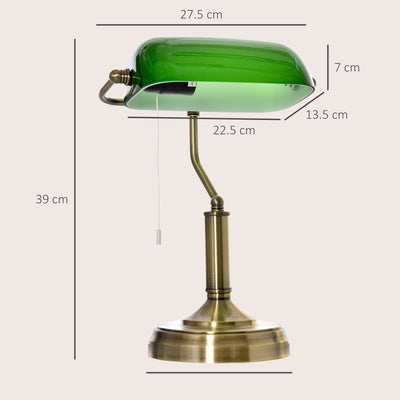 HOMCOM Banker's Table Lamps Set of 2, Desk Lamps with Antique Bronze Tone Base, Green Glass Shade and Pull Rope Switch for Home Office, Living Room, Bedroom, Dining Room, Green 