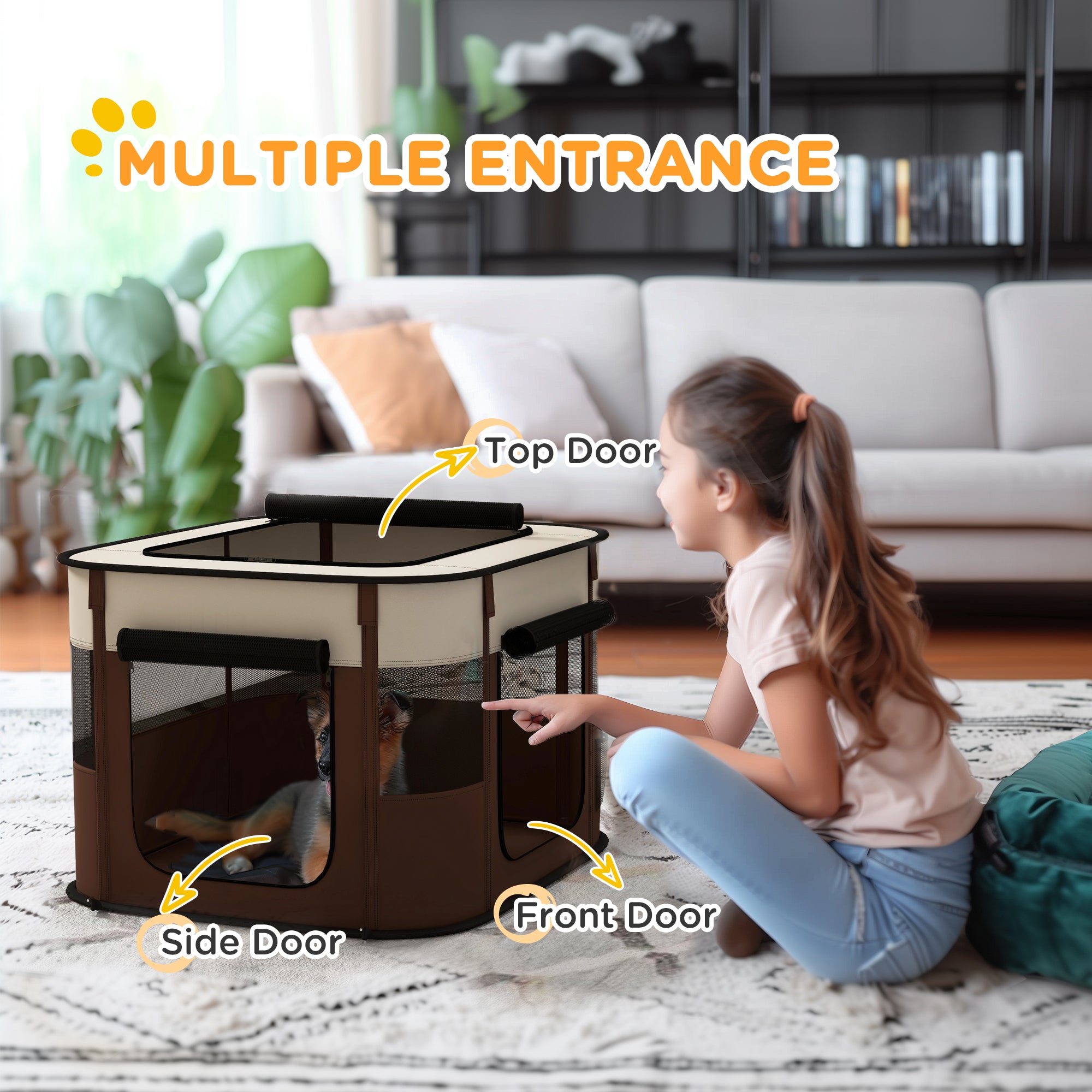 PawHut Foldable Dog Pen with Storage Bag for Indoor/Outdoor Use, Portable Pet playpen, with Ground Stakes - Brown 