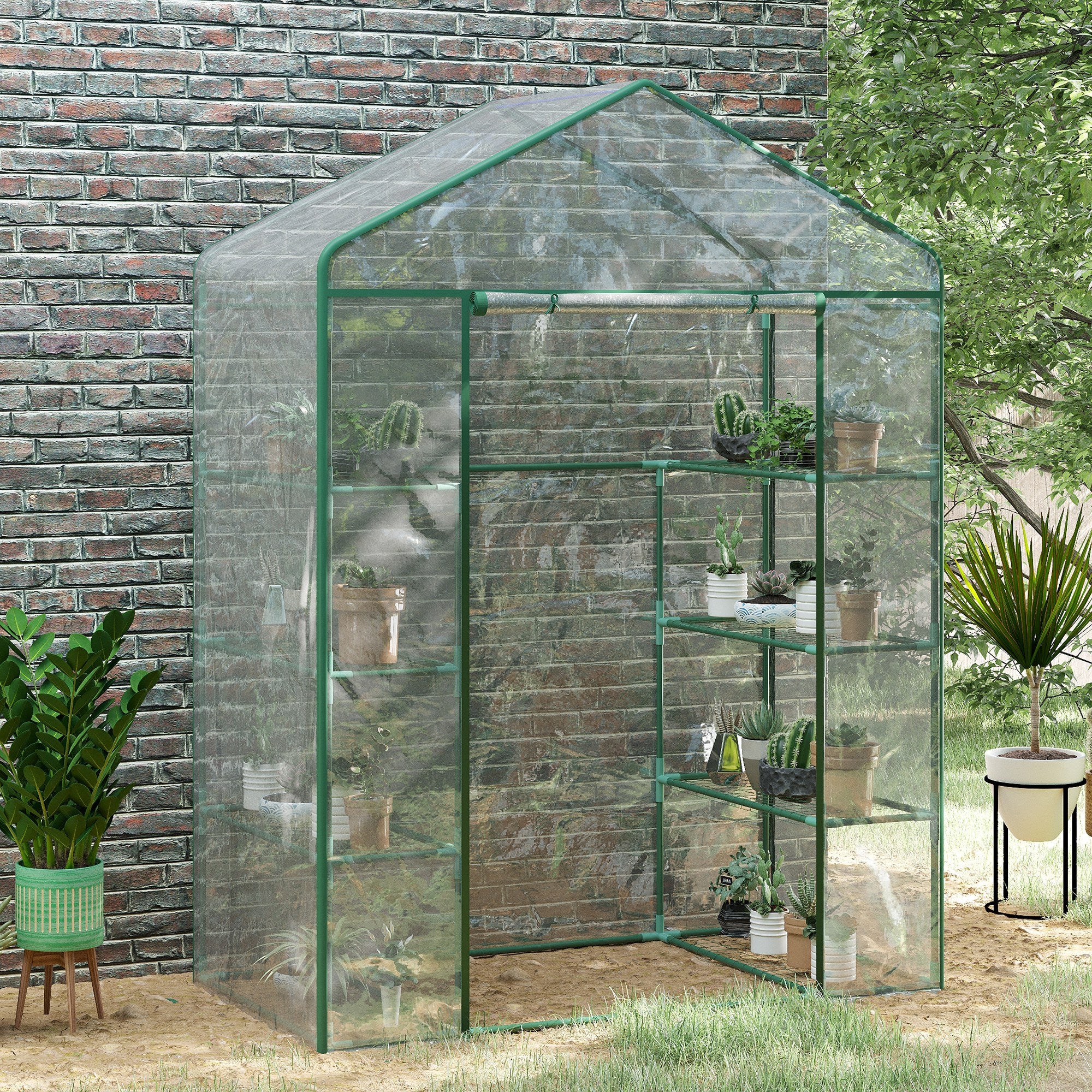 Outsunny Walk in Greenhouse with 4-Tier 8 Shelves, Green House with Hemmed Cover, Roll-up Zipped Door, Steel Frame, 143 x 73 x 195cm 
