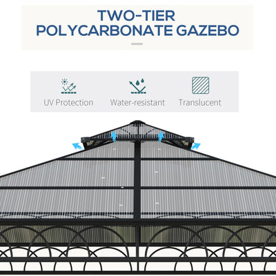 Outsunny 3 x 3 (m) Outdoor Polycarbonate Gazebo, Double\'c2\'a0Roof Hard Top Gazebo with\'c2\'a0Galvanised Steel Frame, Nettings\'c2\'a0&\'c2\'a0Curtains for Garden, Lawn, Patio and Deck, Khaki 