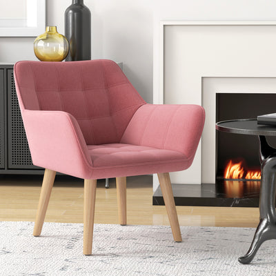 HOMCOM Accent Chair, Arm Chair with Wide Arms, Slanted Back, Thick Padding and Rubber Wooden Legs for Living Room, Pink 