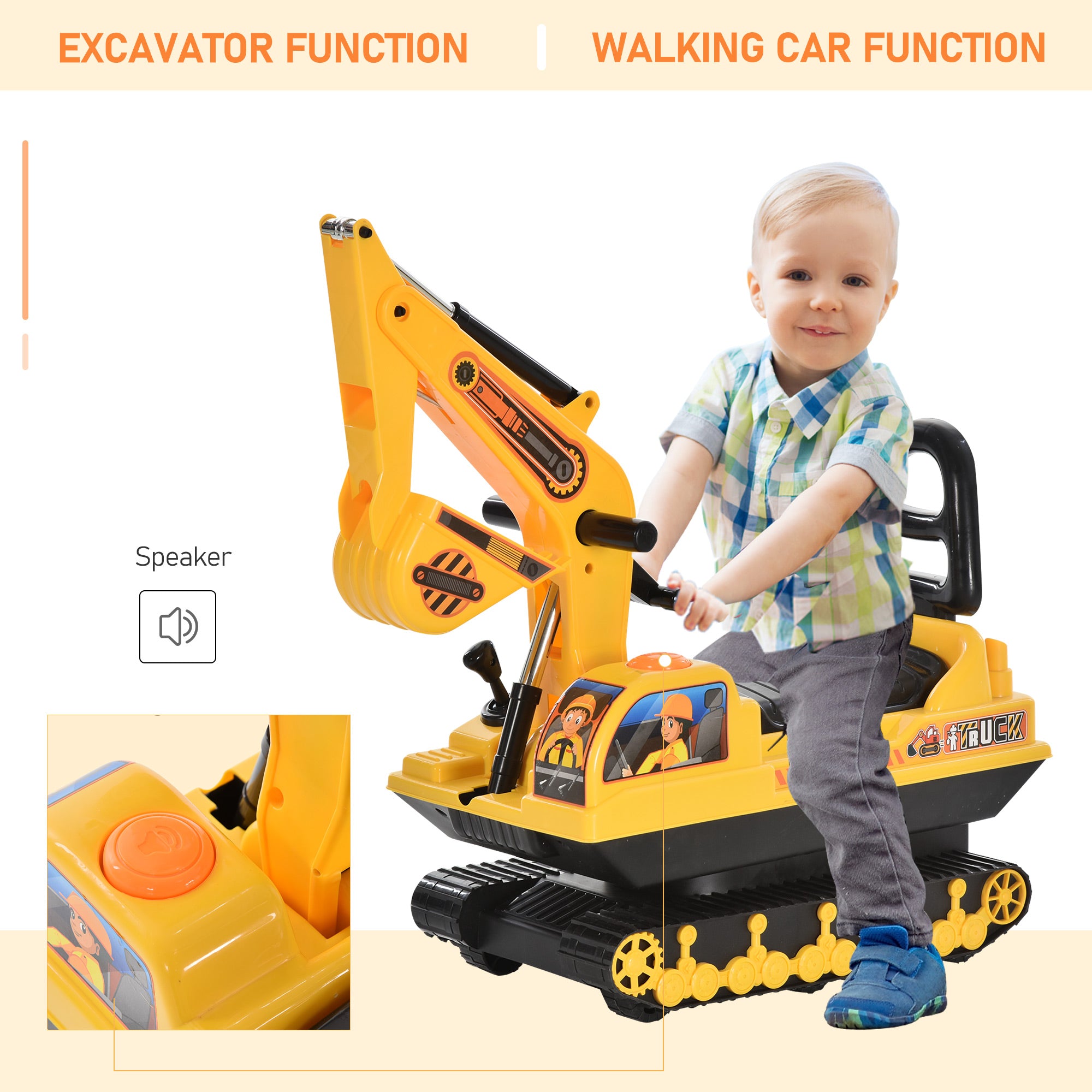 HOMCOM Ride On Excavator Toy Tractors Digger Movable Walker Construction Truck 3 Years 