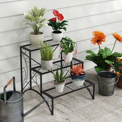 Outsunny Three-Tier Decorative Metal Plant Stand - Black 