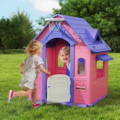 AIYAPLAY 5-in-1 Playhouse for Kids Outdoor Indoor with Basketball Hoop, Football Goal, Dartboard, Ring Toss for 2-5 Years, Pink 