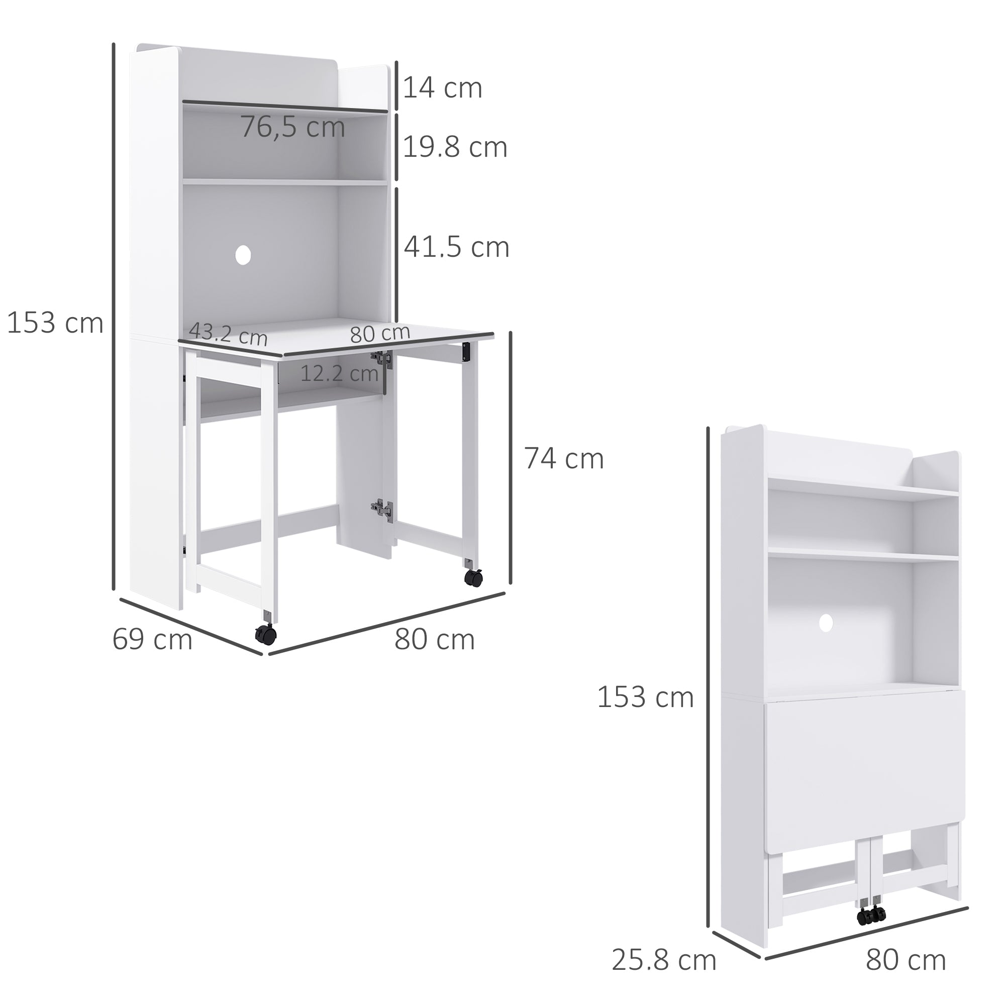 HOMCOM Foldable Desktop, Computer Desk with Storage Shelves, 80 x 69 x 155 cm, White 