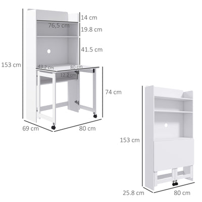 HOMCOM Foldable Desktop, Computer Desk with Storage Shelves, 80 x 69 x 155 cm, White 