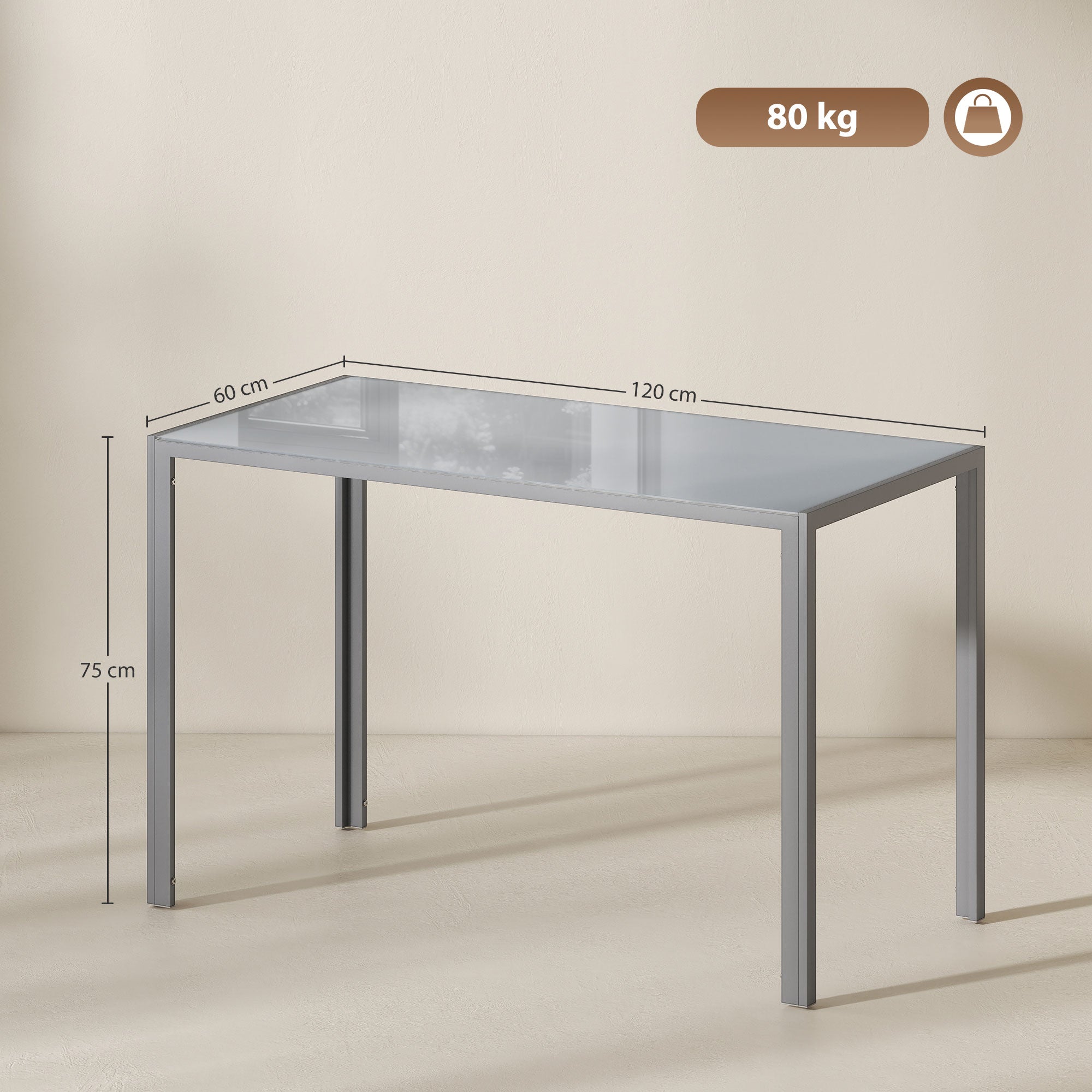 HOMCOM 120cm Dining Table, Rectangle 4 Seater Kitchen Table with Tempered Glass Top and Metal Legs, Grey 
