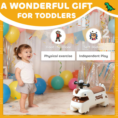 AIYAPLAY Kids Ride On Car, Dinosaur Foot to Floor Slider with Storage, Toddler Walker with Light, Sounds, Cream 