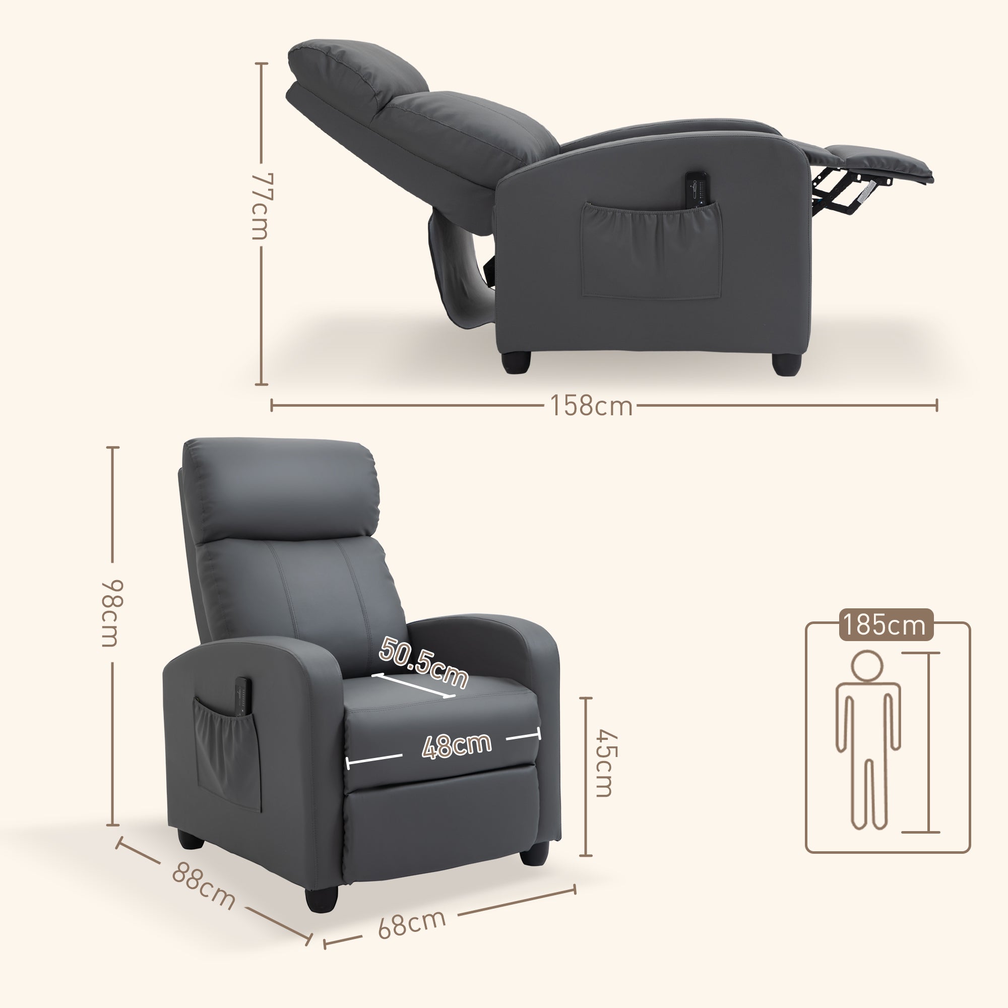 HOMCOM Recliner Armchair, Massage Faux Leather Push Back Reclining Chair with Adjustable Leg Rest, Side Pocket, for Home Living Room Theatre, Grey 