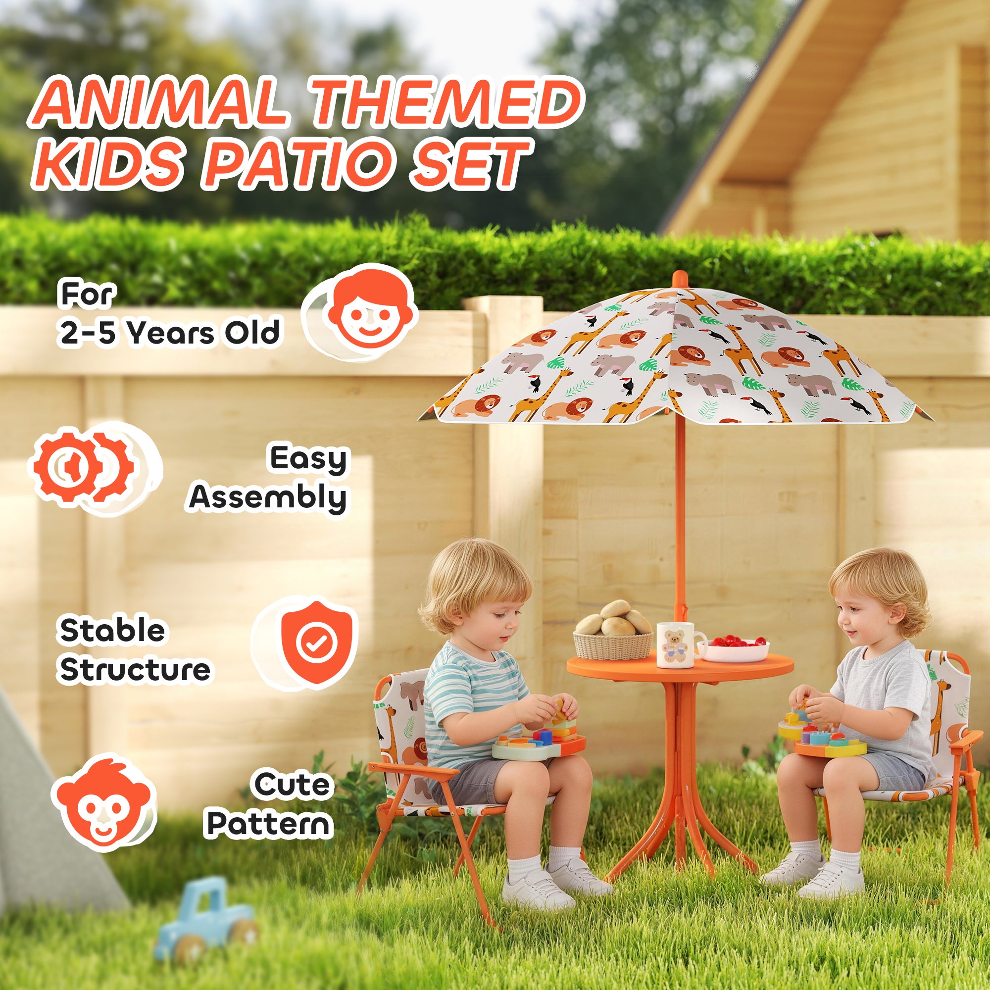 AIYAPLAY Kids Patio Set, Children Table and Chair Set, Outdoor Picnic Table with 2 Folding Chairs and Umbrella, Orange 