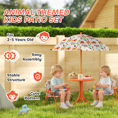AIYAPLAY Kids Patio Set, Children Table and Chair Set, Outdoor Picnic Table with 2 Folding Chairs and Umbrella, Orange 