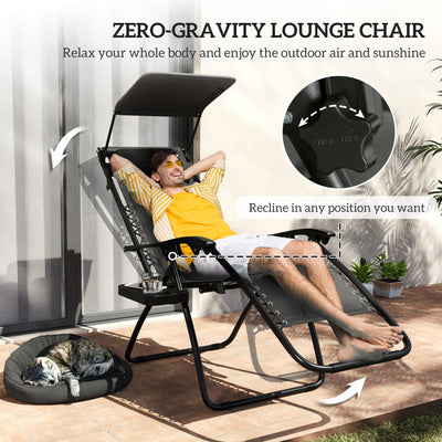 Outsunny Zero Gravity Lounger Chair, Folding Reclining Patio Chair with Shade Cover, Padded Seat, Cup Holder, Soft Cushion and Headrest for Poolside, Camping, Black 