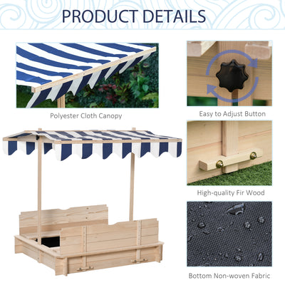Outsunny Kids Wooden Sand Pit with Lids Children Sandbox Height Adjustable Canopy for Garden, Convertible Bench Seat Outdoor Backyard Playset, Blue and White Canopy 