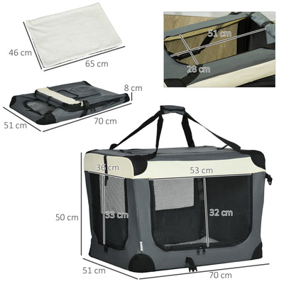 PawHut 70cm Foldable Pet Carrier, with Cushion, for Small Dogs and Cats - Grey 
