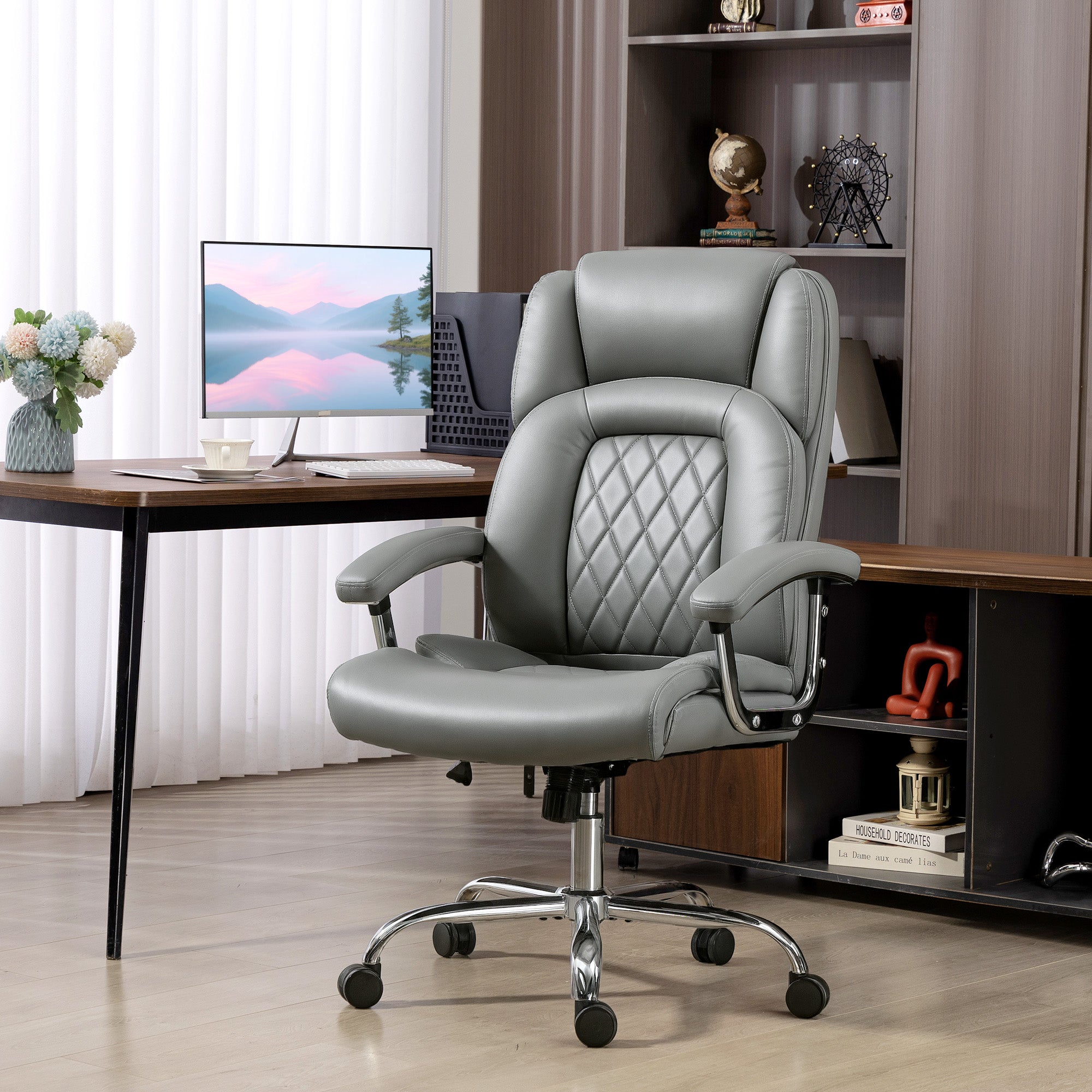 HOMCOM Big and Tall Office Chair 180kg with Spring Cushion, PU Leather - Grey 