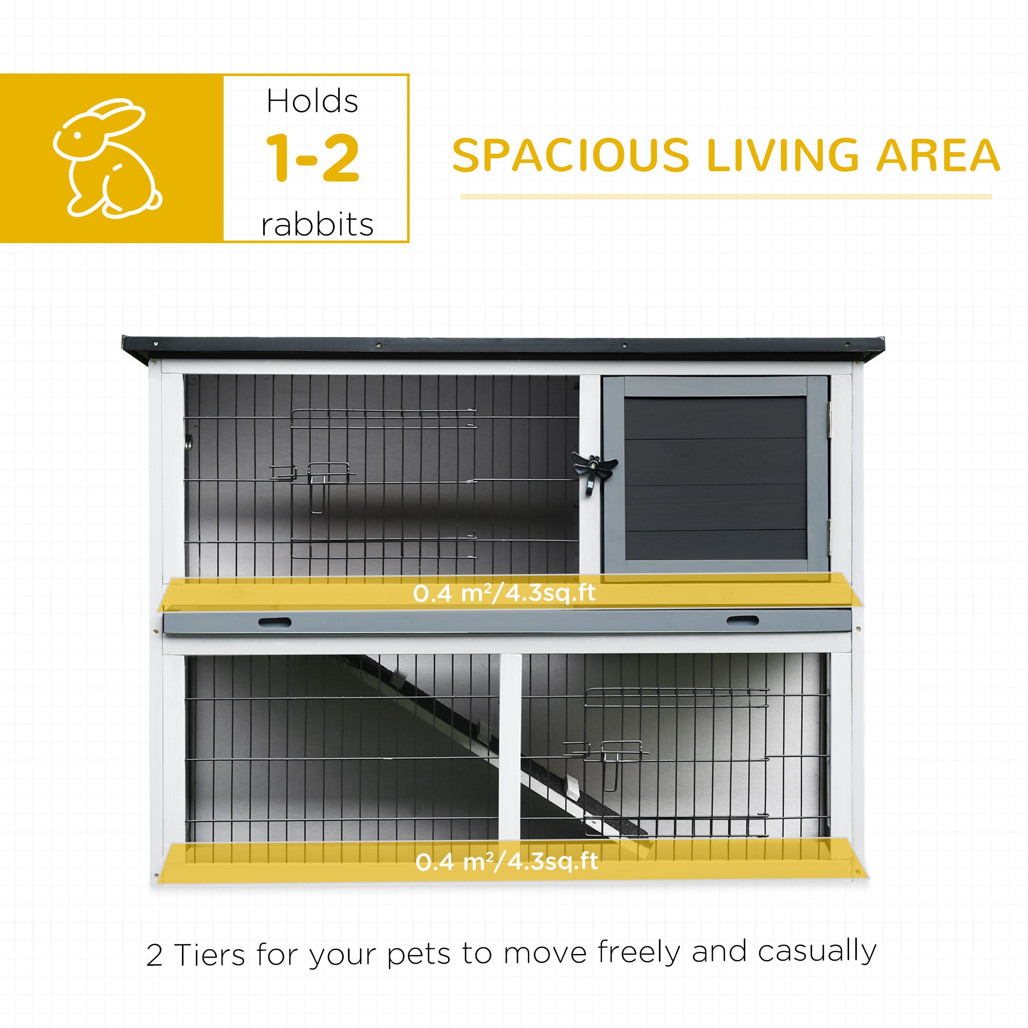 PawHut 2-Tier Wooden Rabbit Hutch Guinea Pig House Bunny Cage Backyard w/ Openable Roof Small Animal House for Outdoor Grey, 108 x 45 x 78 cm 