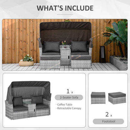 Outsunny 2-Seater Outdoor Rattan Daybed Sofa Footstool Coffee Table Set w/ Canopy, Cushion 