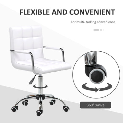 Vinsetto Office Chair, Makeup Vanity Chair, Mid Back Computer Chair, PU Leather Swivel Study Chair with Adjustable Height, Armrest and Rolling Wheels, White 