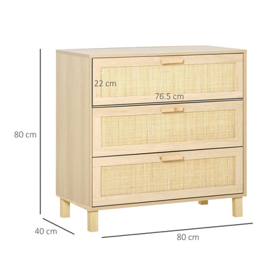 HOMCOM Rattan Bedroom Chest of Drawers, 3 Drawers Storage Unit, Boho Dresser for Living Room, Hallway, Natural 