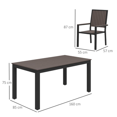 Outsunny 6 Seater Garden Dining Set with Stackable Chairs, Aluminium Frame, Rectangular Plastic Top, Garden Furniture Set, Outdoor Dining Table and Chairs for Patio, Balcony, Poolside, Brown 