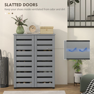 HOMCOM Narrow Shoe Cabinet for Entryway, 5-Tier Slim Shoe Storage Cabinet with 2 Slatted Doors and Adjustable Shelves Grey 