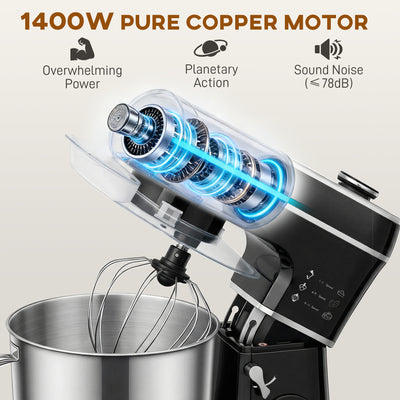 HOMCOM Stand Mixer, 6L 1400W Tilt-Head Food Mixer with 11 Speeds, Pulse & Fermentation Function, LED Display, Black 