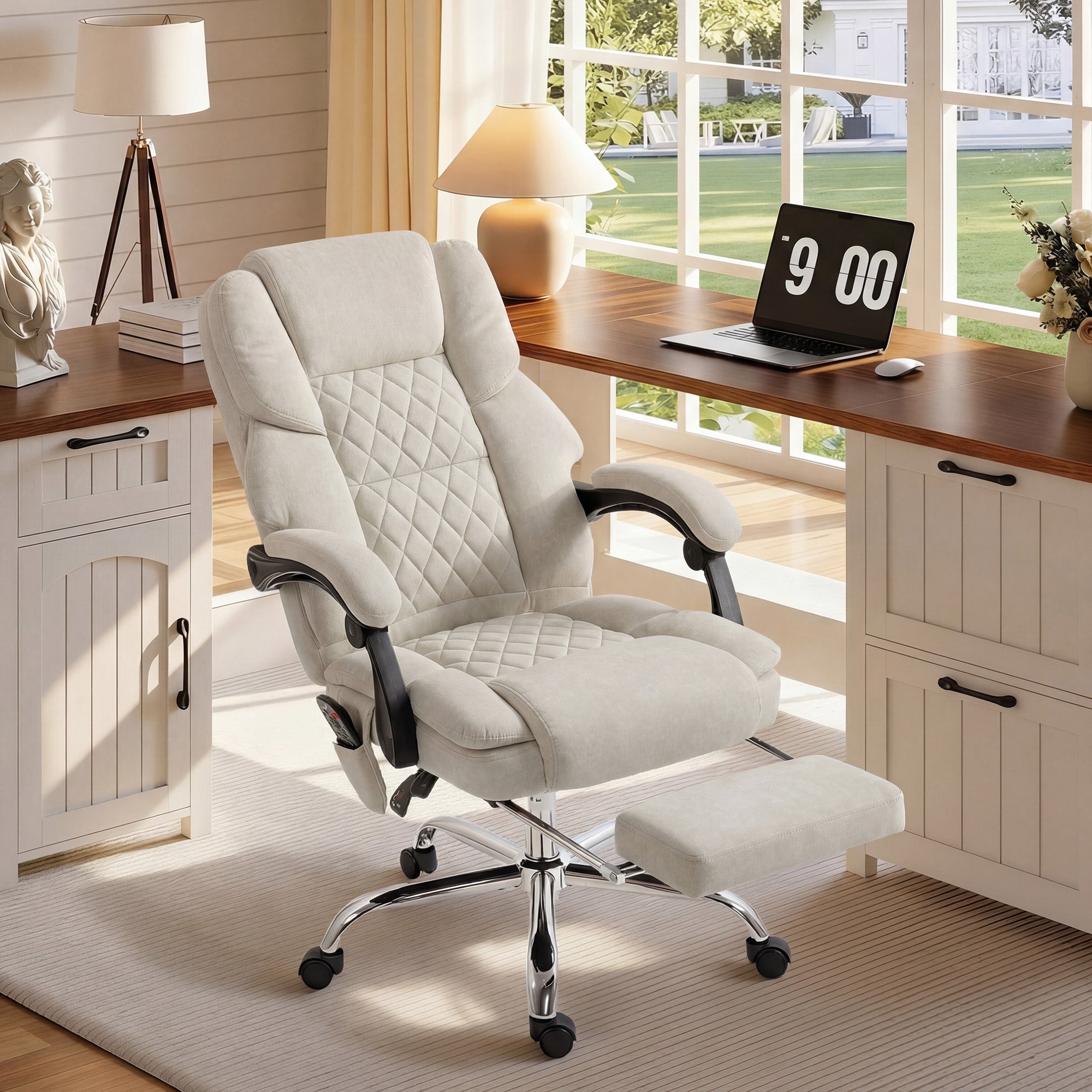 HOMCOM Office Chair with 6-point Vibration Massage and Heat, Fabric Desk Chair with Footrest, High Back, Cream White 